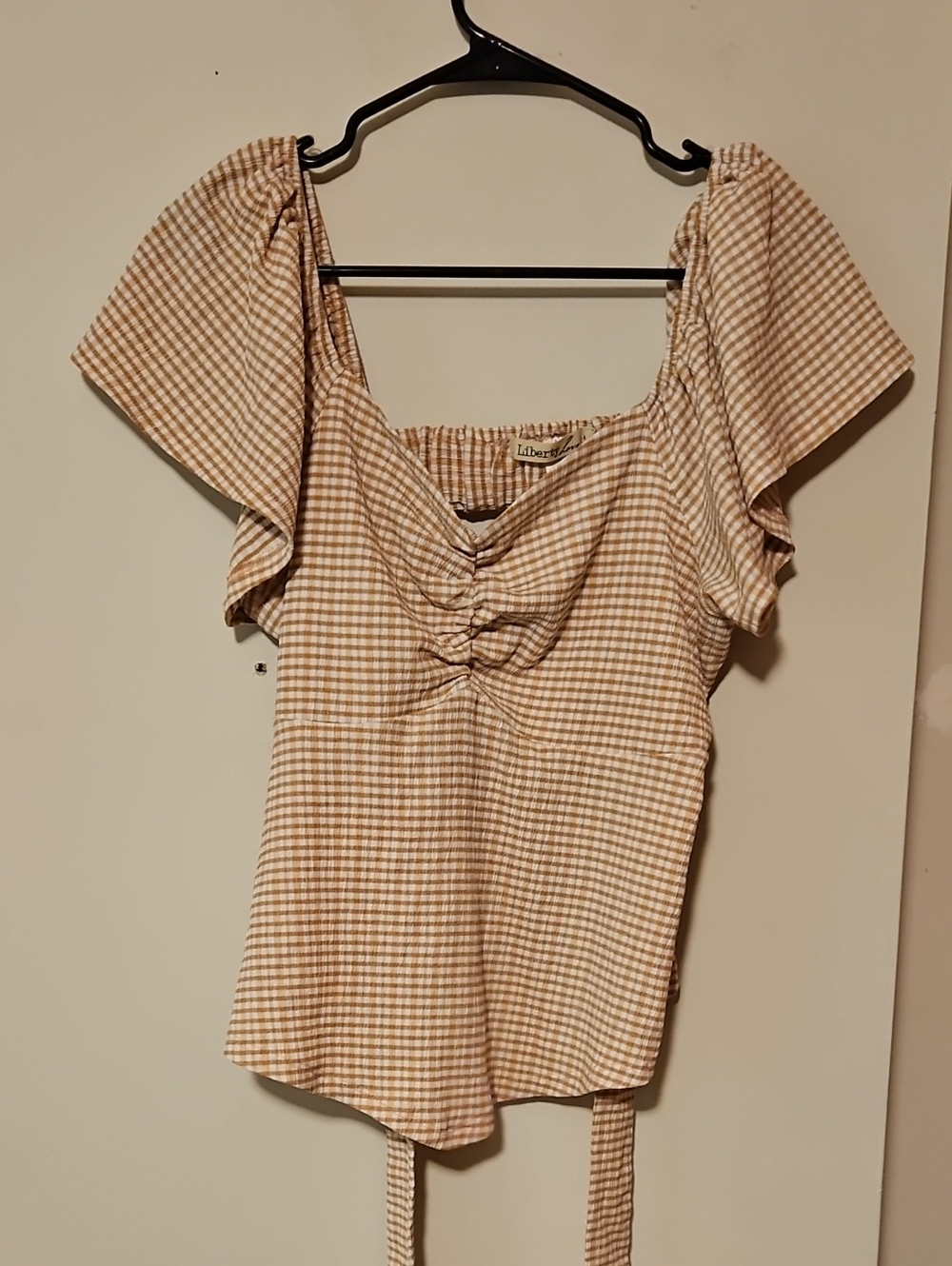 liberty Tan Gingham Ruched Puff-Sleeve Blouse